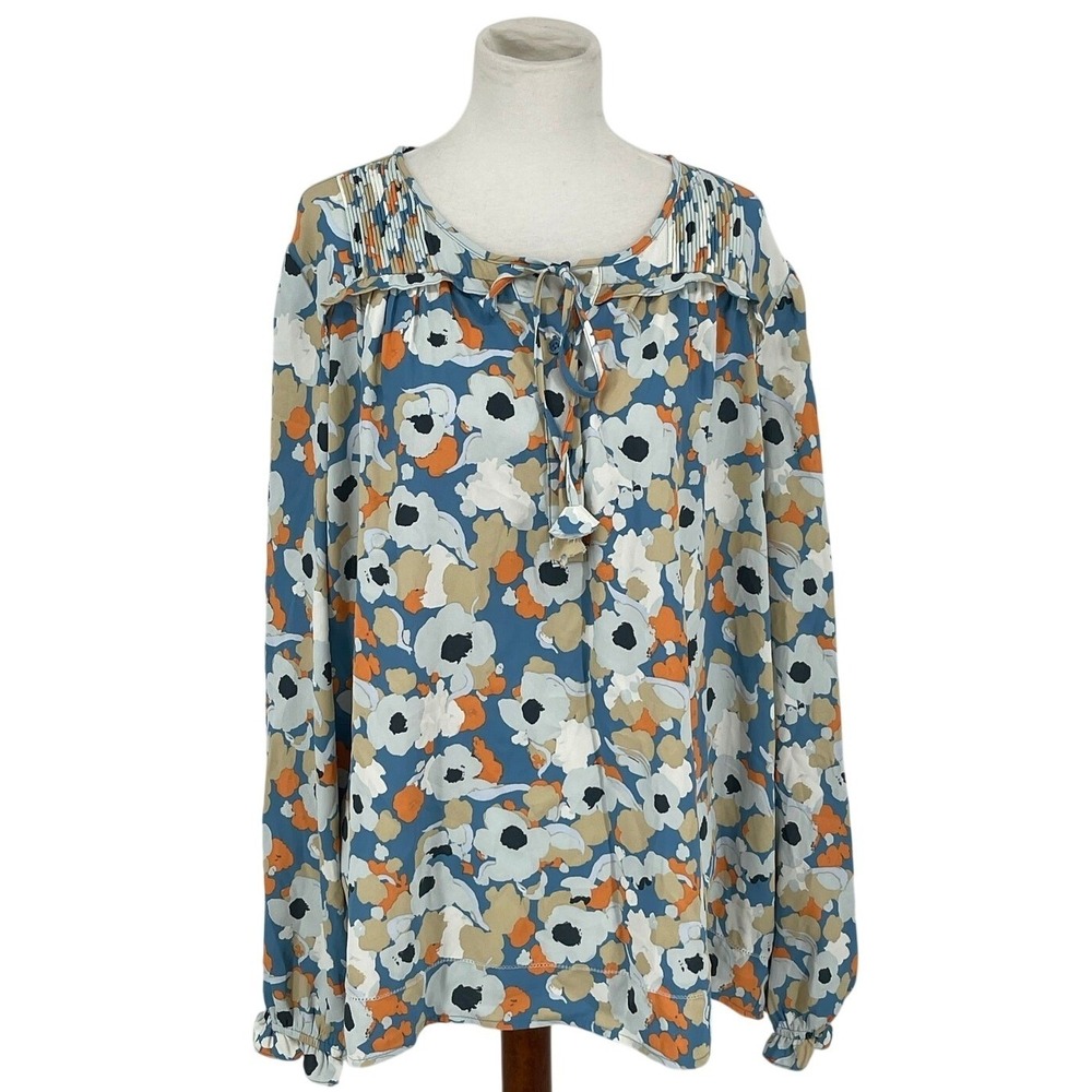 Joie Womens XL Floral Long Sleeve Blouse Blue Orange Boho Pleated‎ Tassel Top